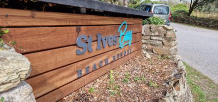 St Ives Bay small timber sign with flat cut acrylic lettering.