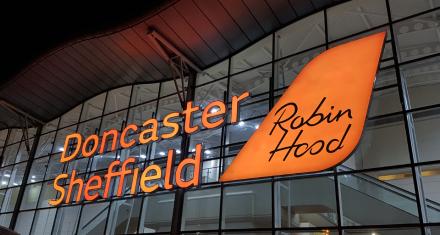 Doncaster Sheffield Airport main sign in Halloween theme.
