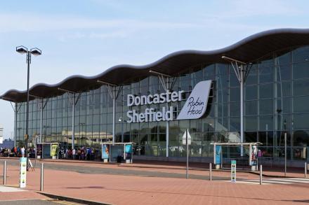 Doncaster Sheffield Airport long shot of main sign.