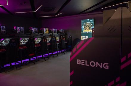 Belong gaming arena with fabric light box, lit by internal LED and changeable magnetic desk ends.